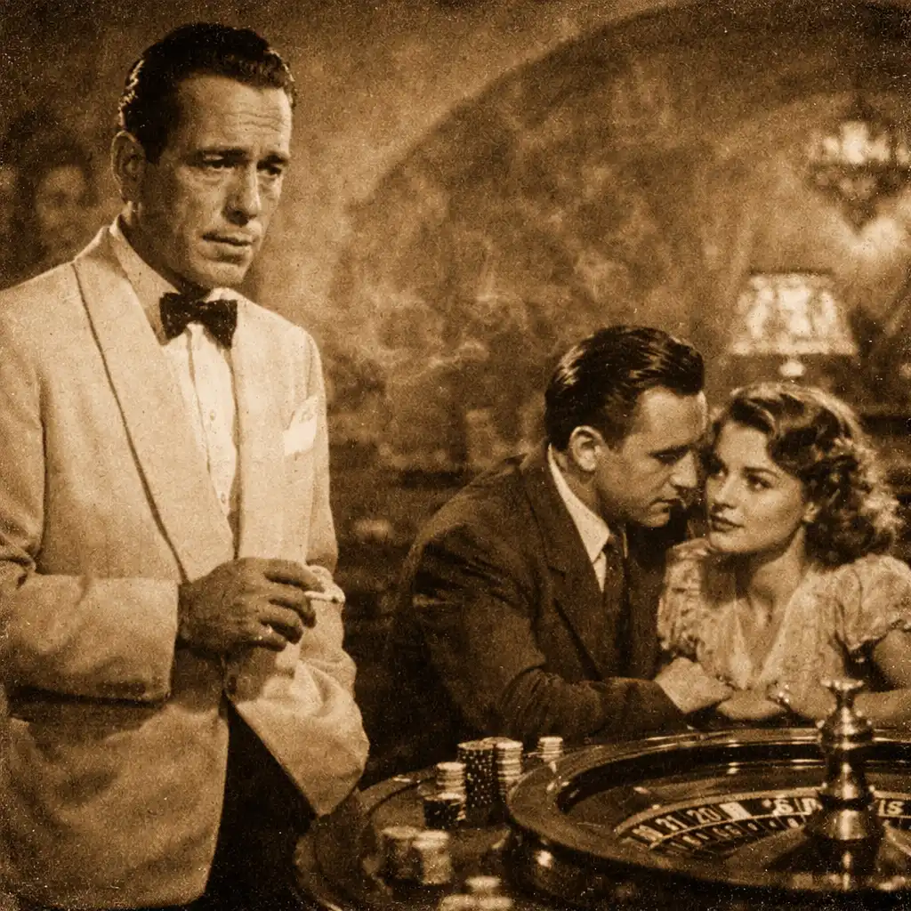 Scena z filmu Casablanca (1942): Rick Blaine stoi przy stole ruletki, pomagając młodemu małżeństwu