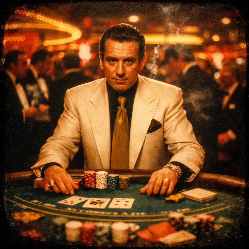 Kadr z filmu Kasyno: Robert De Niro jako Sam 'Ace' Rothstein przy stole do blackjacka w luksusowym kasynie