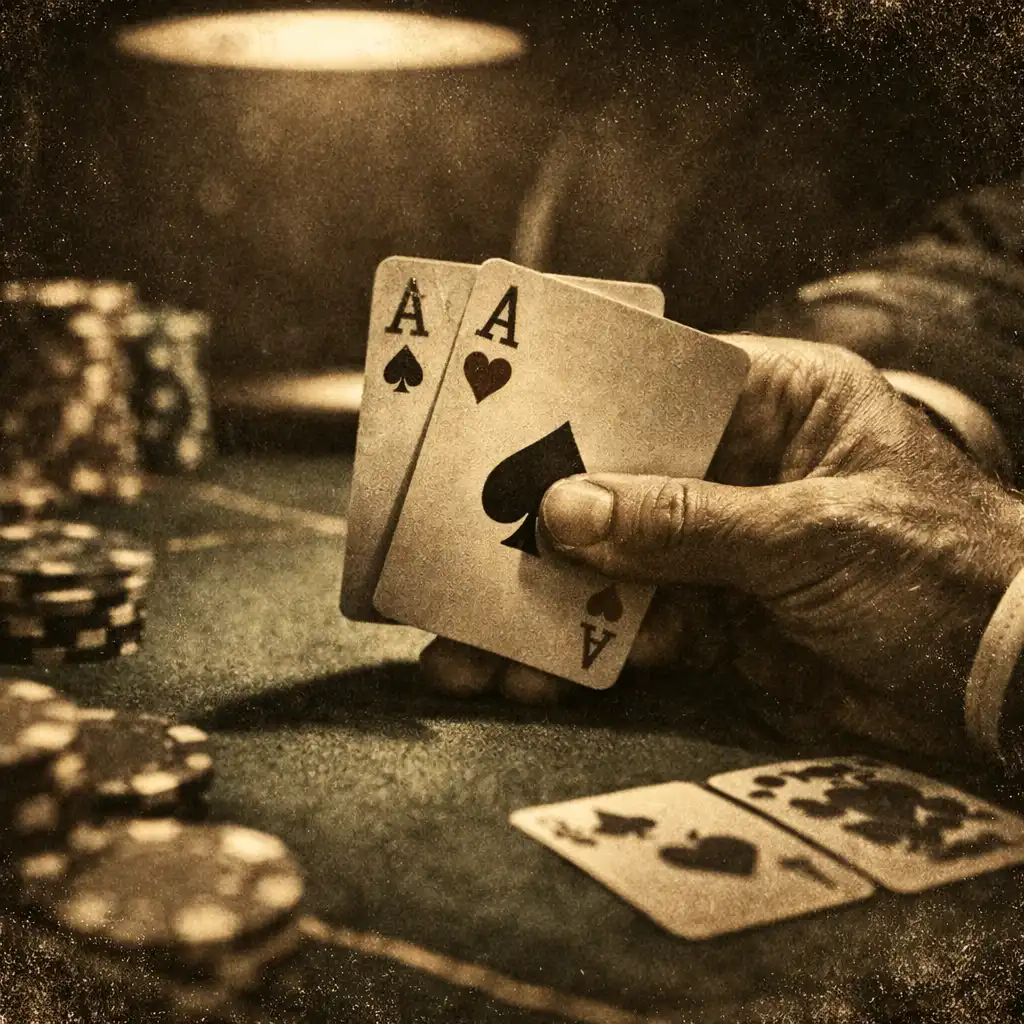 Zbliżenie na dłonie trzymające karty do gry nad zielonym stołem pokerowym w klimacie Casino Royale