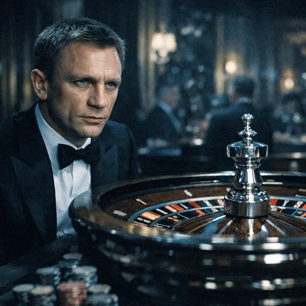 Scena z filmu Casino Royale (2006): James Bond obserwuje stół do ruletki w kasynie