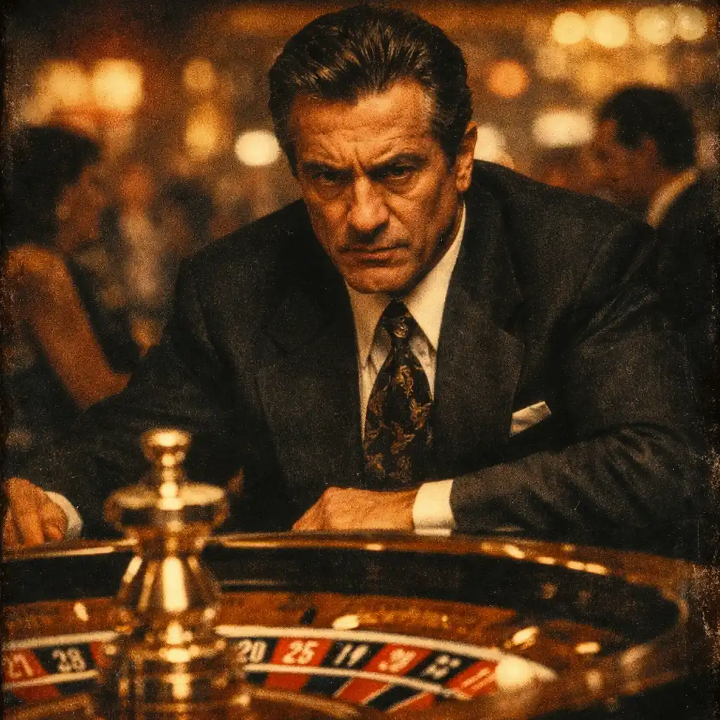 Scena z filmu Casino Martina Scorsese: mężczyzna w garniturze przy stole do ruletki
