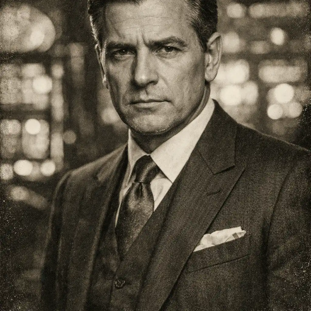 Portret Sama Rothsteina w garniturze na tle kasyna