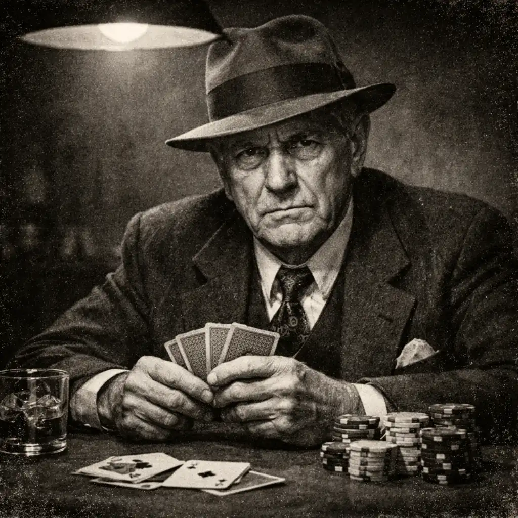 Portret starszego mężczyzny w kapeluszu przy stole pokerowym