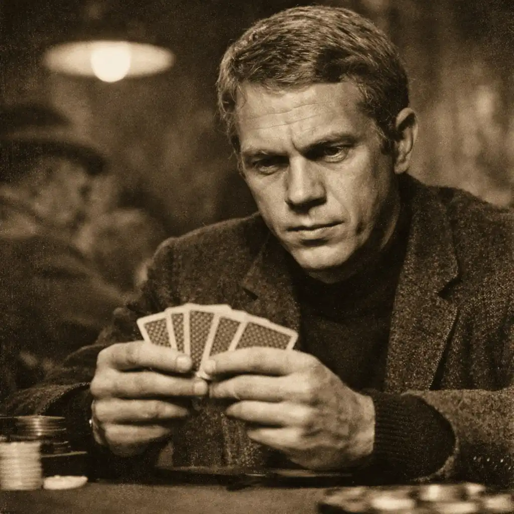 Kadr z filmu Cincinnati Kid: Steve McQueen z kartami