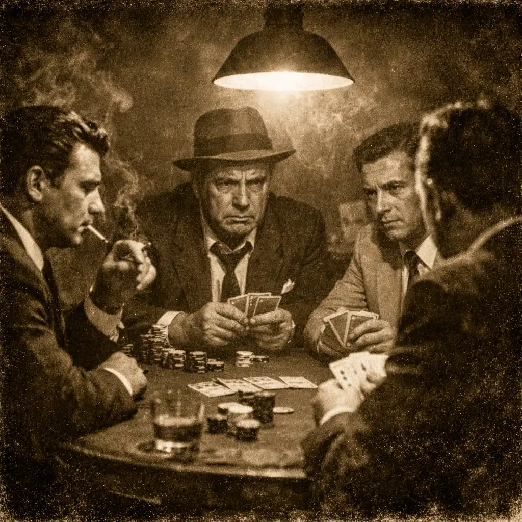 Pokerowa gra w zadymionym pokoju z dramatycznym oświetleniem