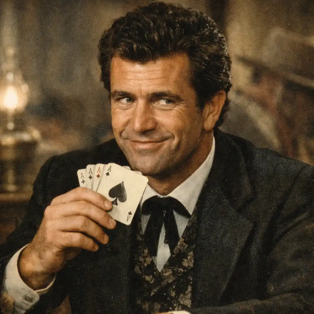 Kadr z filmu Maverick: Mel Gibson z kartami