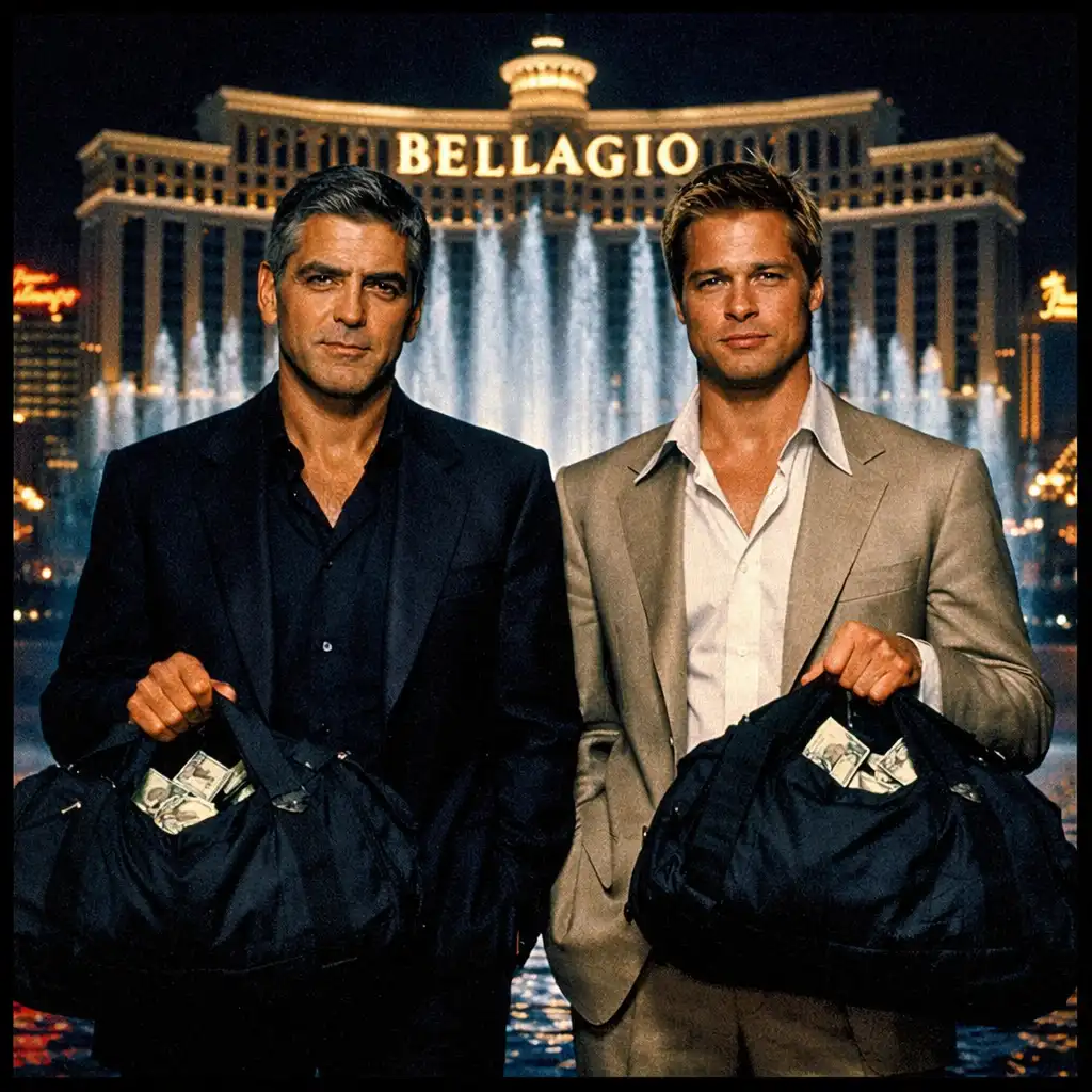 Kadr z filmu Ocean's Eleven: George Clooney i Brad Pitt przed wejściem do kasyna Bellagio w Las Vegas