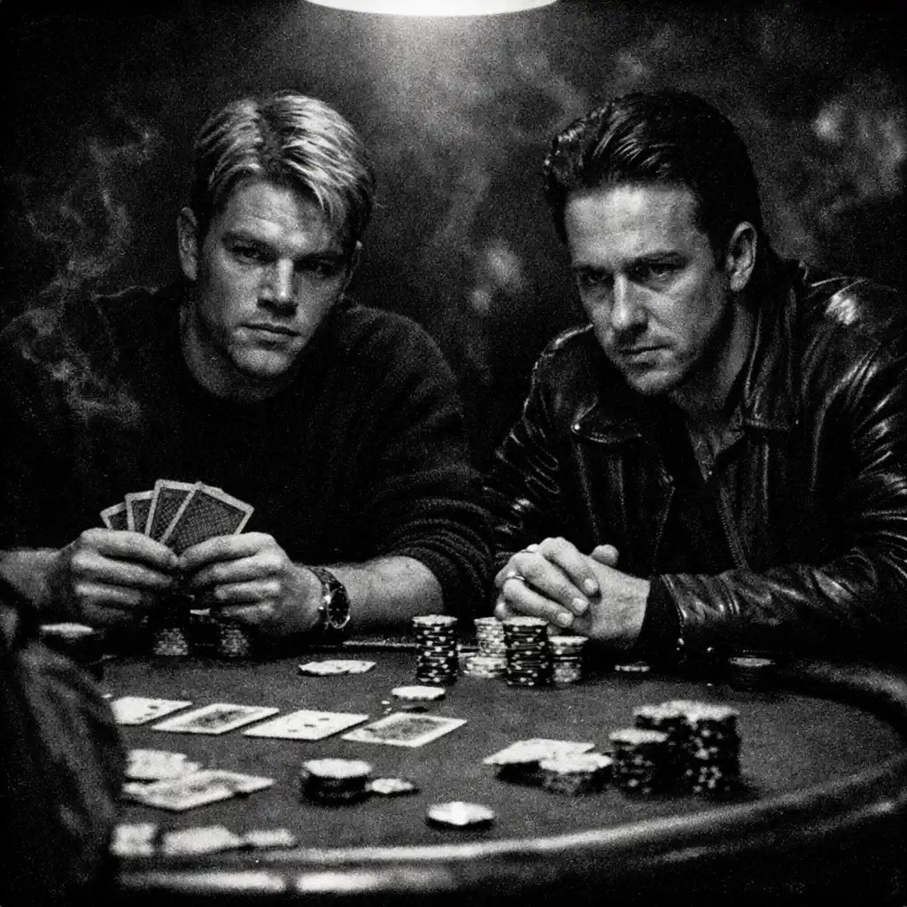 Scena z filmu Hazardziści: Matt Damon i Edward Norton przy stole pokerowym w zadymionym klubie