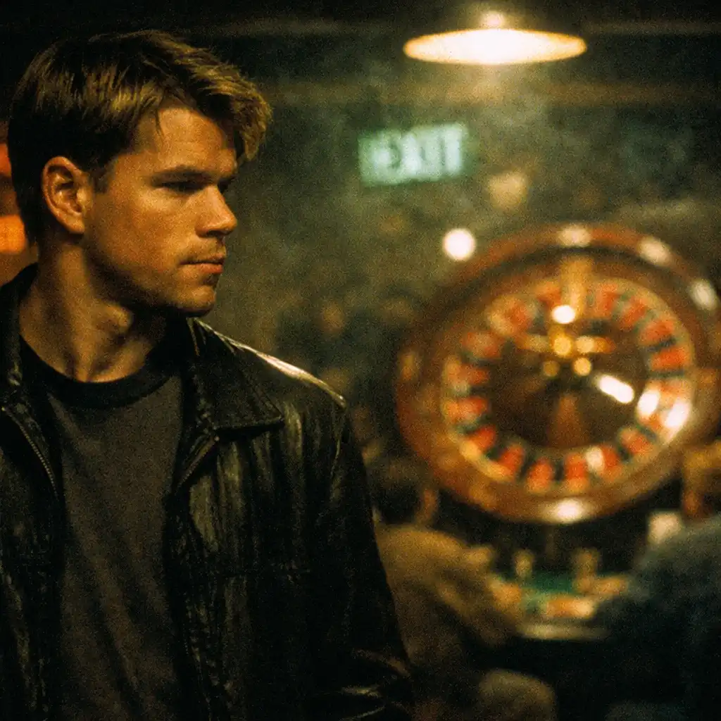 Scena z filmu Hazardziści (1998): Mike McDermott patrzy na koło ruletki w podziemnym klubie