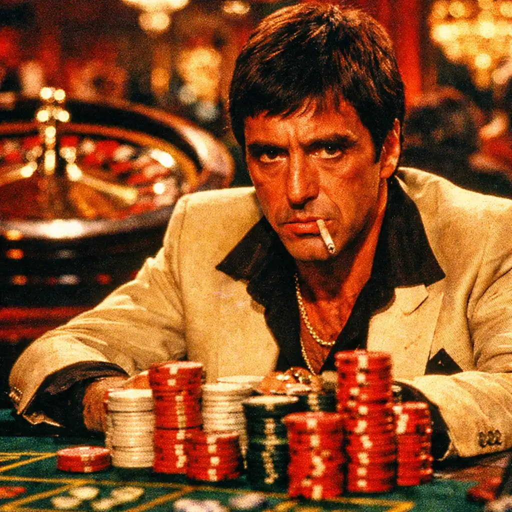 Scena z filmu Człowiek z blizną (1983): Tony Montana siedzi przy stole ruletki z wyrazem agresji