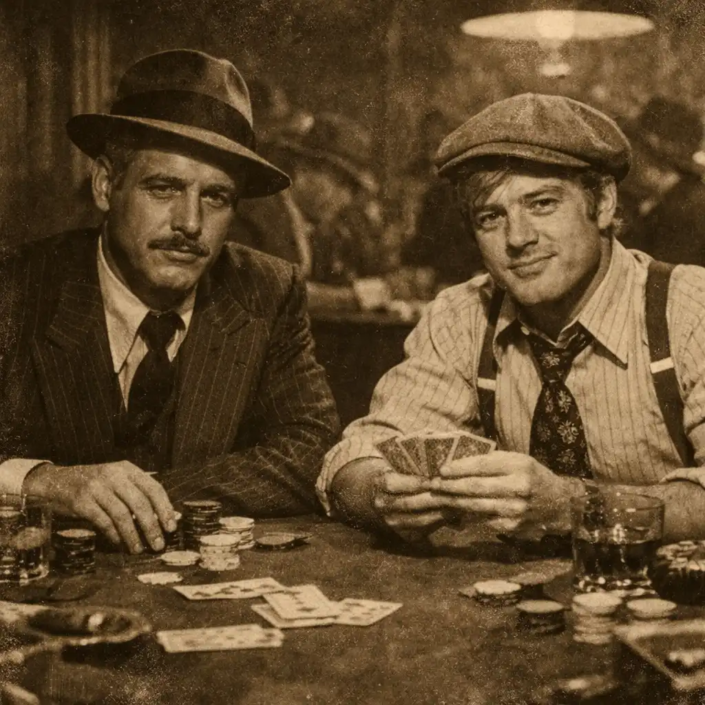 Kadr z filmu Pokerowa zagrywka: Paul Newman i Robert Redford przy stole